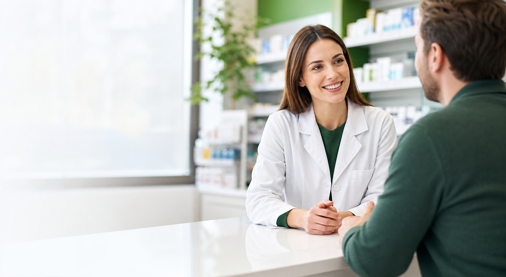 Pharmacist discussing vitamin health with a patient at a consultation desk